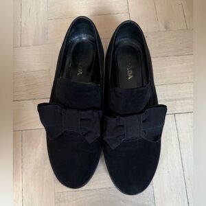 Prada Women's Black Suede Slip Ons with Bow Detail
